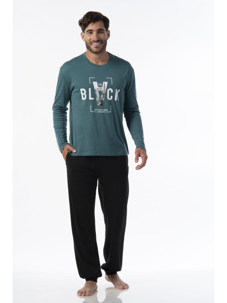 SECRET POINT - Ανδρική Χειμερινή Πιτζάμα Βαμβακερή "BLACK" #223-042 Πετρόλ