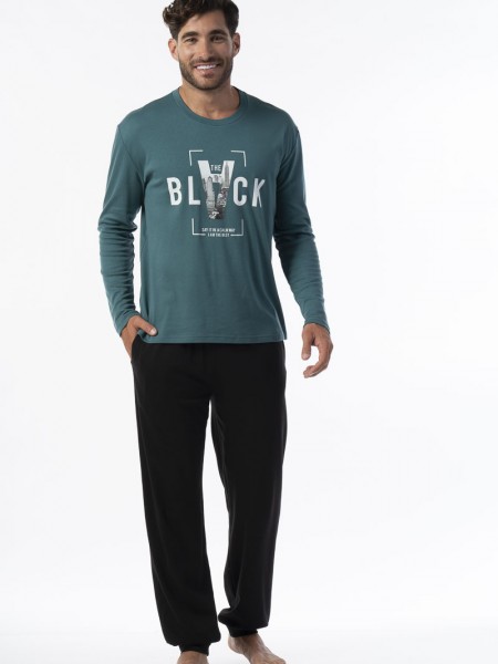 SECRET POINT - Ανδρική Χειμερινή Πιτζάμα Βαμβακερή "BLACK" #223-042 Πετρόλ