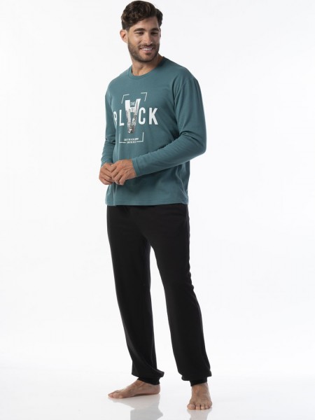 SECRET POINT - Ανδρική Χειμερινή Πιτζάμα Βαμβακερή "BLACK" #223-042 Πετρόλ