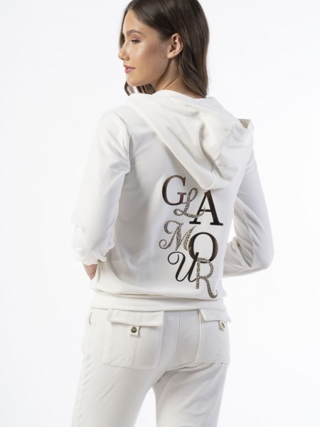 SECRET POINT - Γυναικεία Φόρμα Βελουτέ Με Κουκούλα #223-816 Λευκό