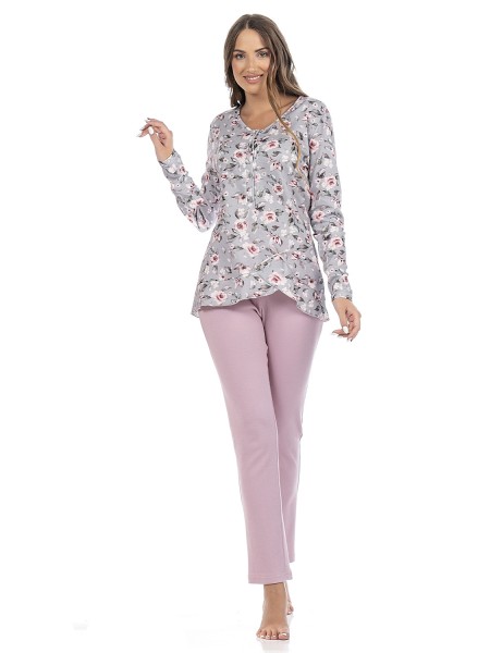 SECRET POINT - Γυναικεία Χειμερινή Πυτζάμα με Κουμπί Βαμβακερή  #167 Γκρι