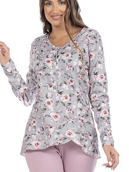 SECRET POINT - Γυναικεία Χειμερινή Πυτζάμα με Κουμπί Βαμβακερή  #167 Γκρι