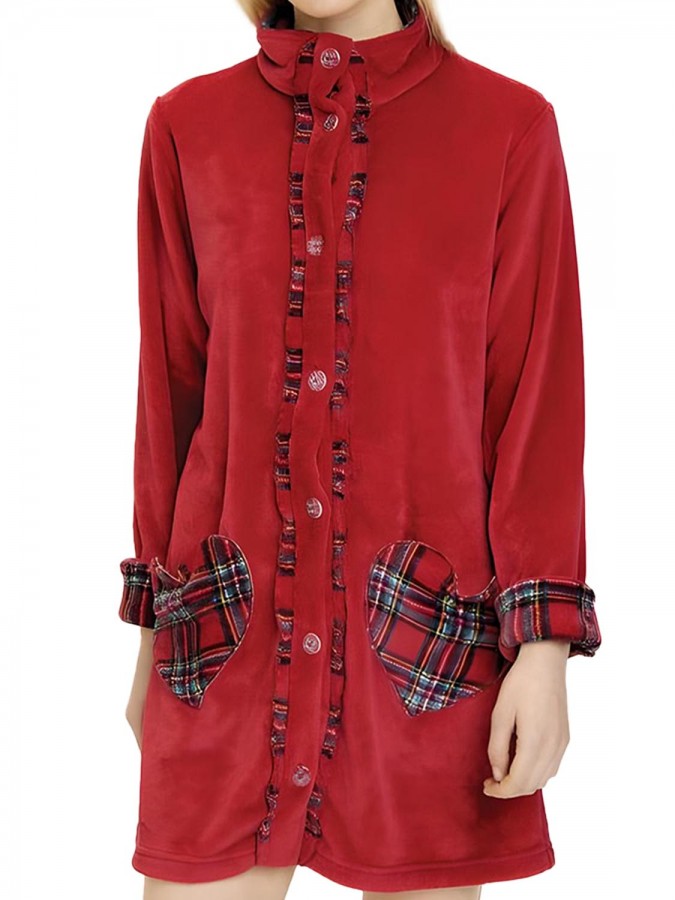 NOIDINOTTE - Γυναικεία Ρόμπα Heart Coral Fleece με κουμπιά - GE1977 Κόκκινο