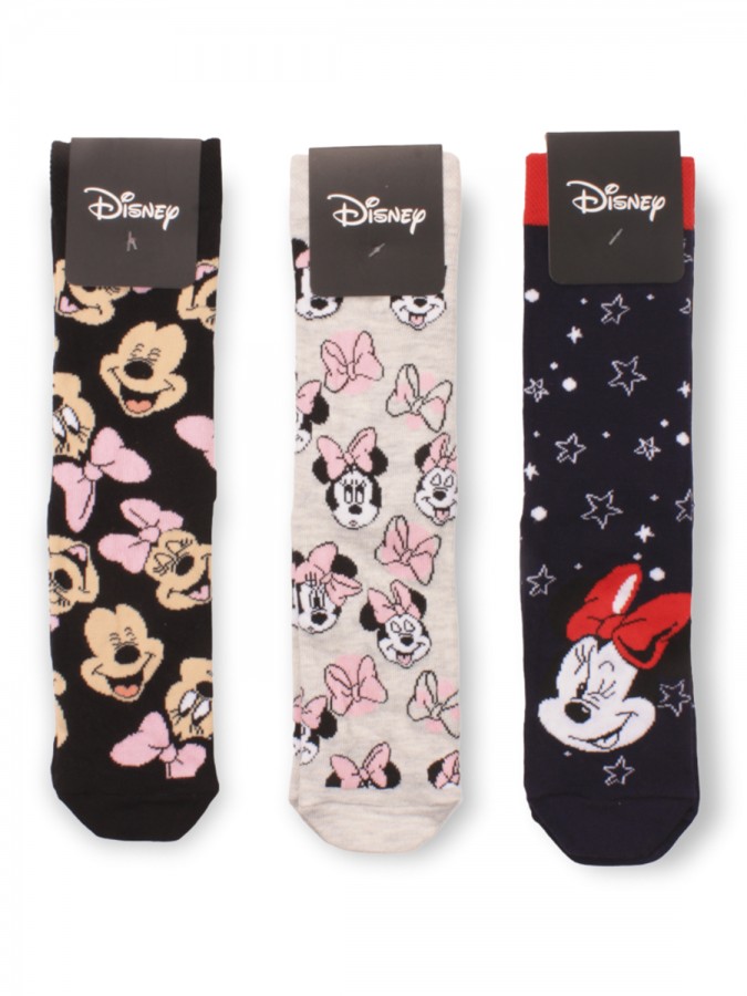 DISNEY Kάλτσες ψηλές με σχέδια σετ 3 ζεύγη #MN21076 Minnie Mouse (μαύρο-μπλε-γκρι)