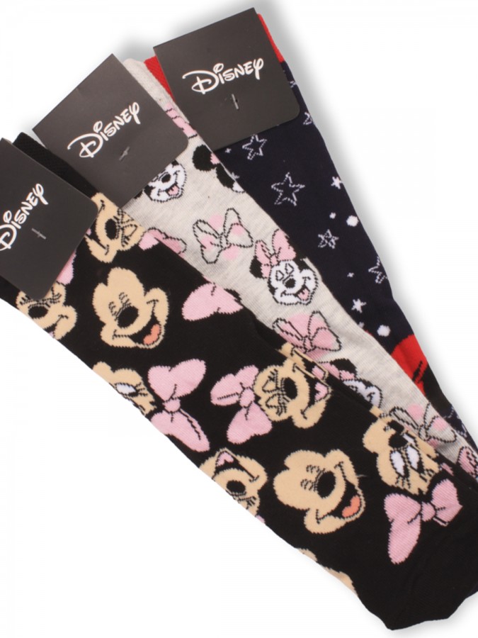 DISNEY Kάλτσες ψηλές με σχέδια σετ 3 ζεύγη #MN21076 Minnie Mouse (μαύρο-μπλε-γκρι)