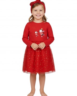 ENERGIERS Μακό χριστουγεννιάτικο φόρεμα με ασορτί κορδέλα για κορίτσι 1-6 ετών| 15-122380-7 ΚΟΚΚΙΝΟ