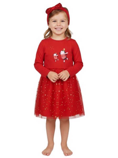 ENERGIERS Μακό χριστουγεννιάτικο φόρεμα με ασορτί κορδέλα για κορίτσι 1-6 ετών| 15-122380-7 ΚΟΚΚΙΝΟ