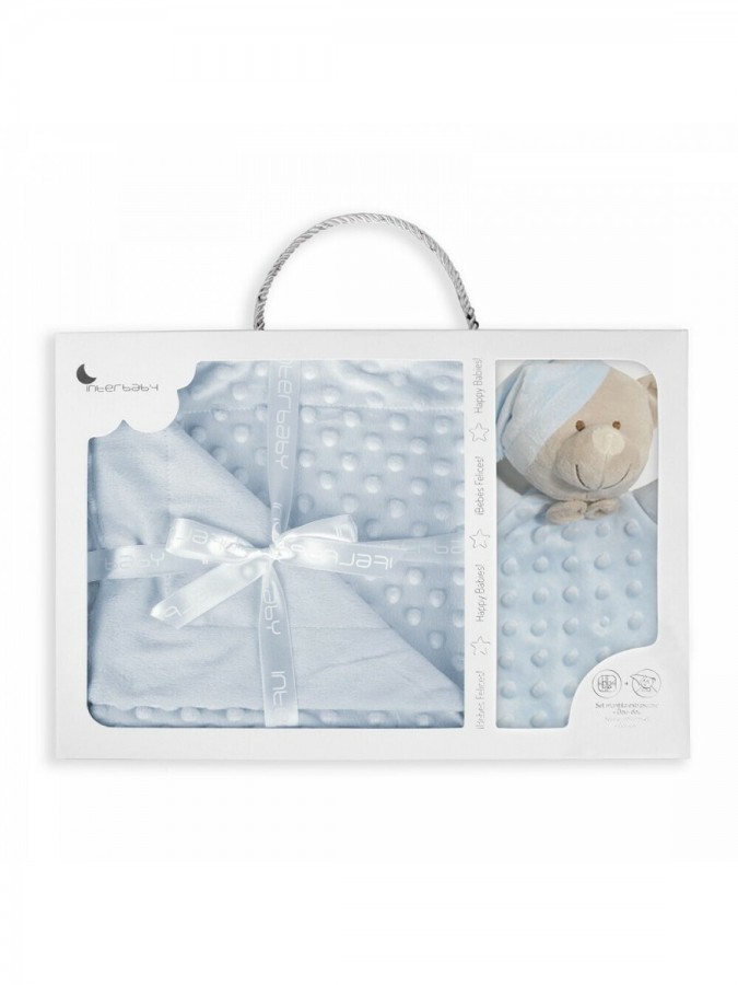 Interbaby Κουβέρτα Αγκαλιάς & Λίκνου Bear με Ζωάκι 80x110εκ. 2τμχ #PD001 Μπλε 