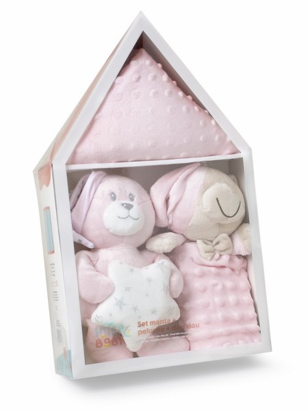 Σετ Δώρου 3 τεμαχίων “Casita” – Μπλε Κουβέρτα + Πετρούλα & Dou-Dou 3τμχ #Set25 Ροζ