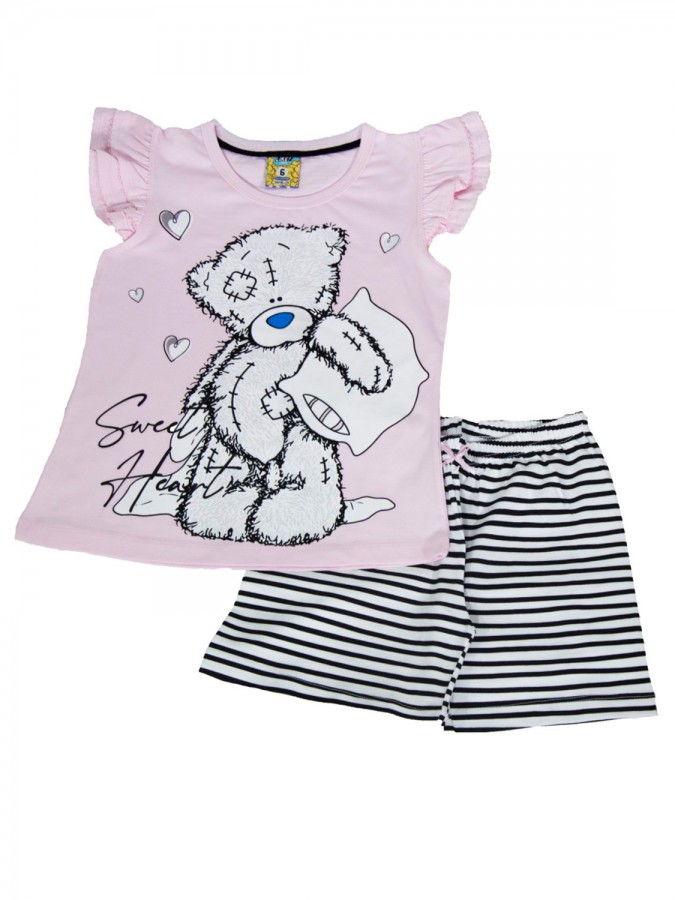 LIKE Παιδική Πυτζάμα Καλοκαιρινή για κορίτσι 6-12 ετών Αρκουδάκι #222-0222 Ροζ