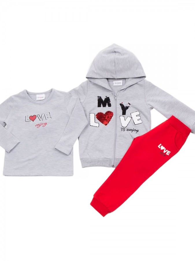 TRAX Παιδική Φόρμα με ζακέτα και μπλούζα για Κορίτσι 1-6 ετών "My Love" - 44729 Γκρι