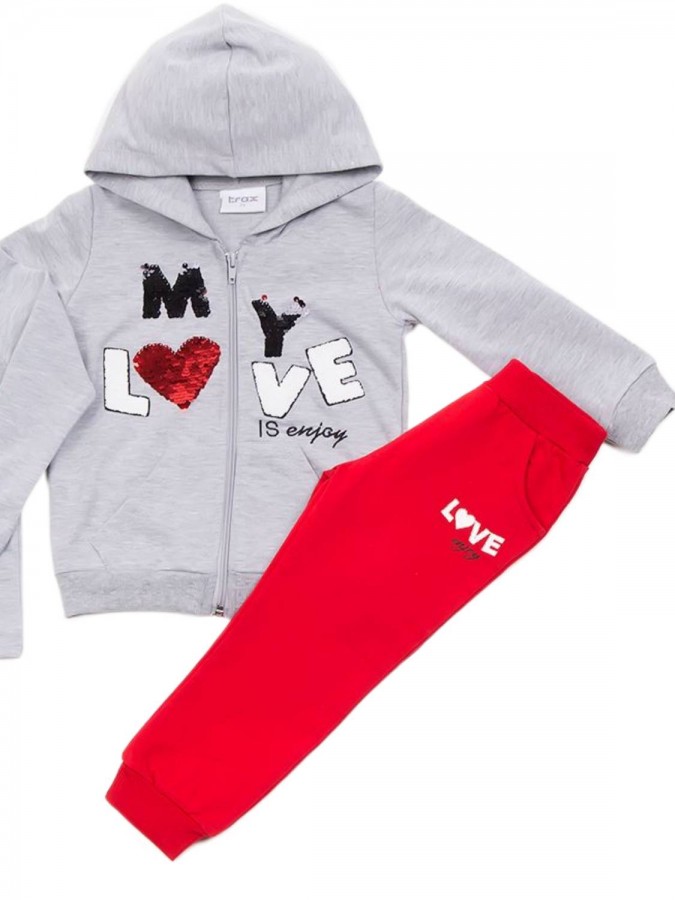 TRAX Παιδική Φόρμα με ζακέτα και μπλούζα για Κορίτσι 1-6 ετών "My Love" - 44729 Γκρι