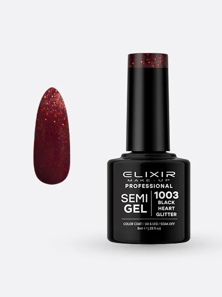 Elixir Semi Gel Ημιμόνιμο Βερνίκι 8ml – #1003 (BLACK HEART GLITTER)