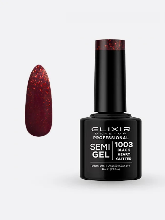 Elixir Semi Gel Ημιμόνιμο Βερνίκι 8ml – #1003 (BLACK HEART GLITTER)