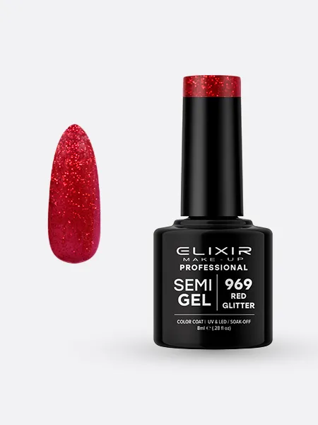 Elixir Semi Gel Ημιμόνιμο Βερνίκι 8ml – #969 (RED GLITTER)