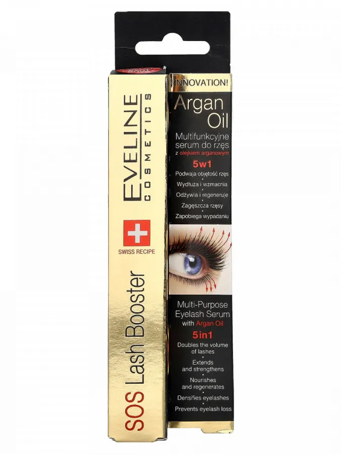 Eveline SOS Lash Booster 5in1 Eyelash Serum με Έλαιο Argan 10ml – Ορός Ανάπτυξης & Όγκου Βλεφαρίδων και Βάση Μάσκαρας