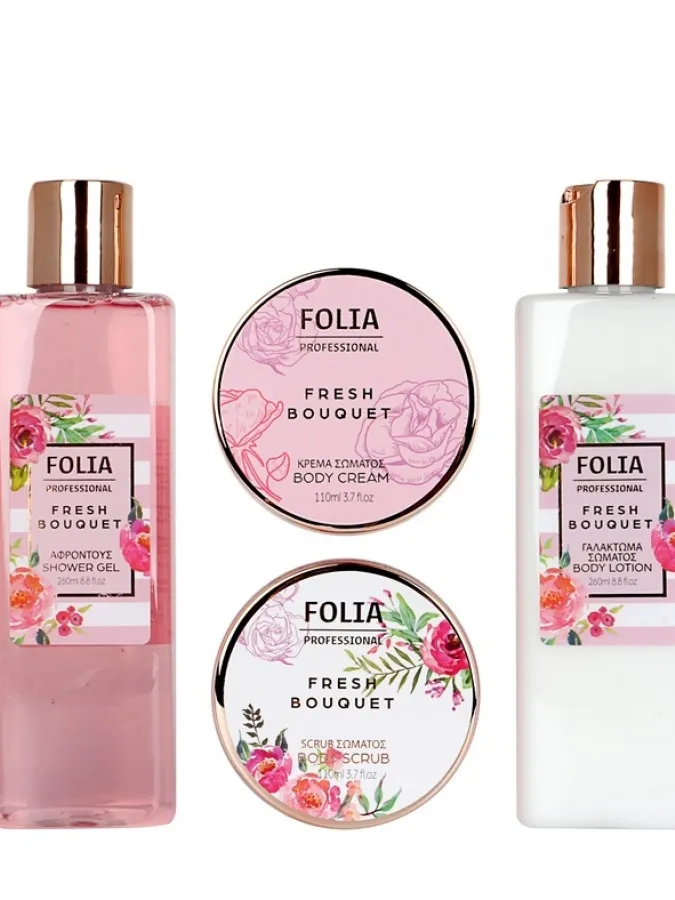 FOLIA Bath Bag Fresh Bouquet – Γυναικείο Σετ Δώρου σε Τσάντα με Shower Gel, Body Lotion, Κρέμα Σώματος & Body Scrub