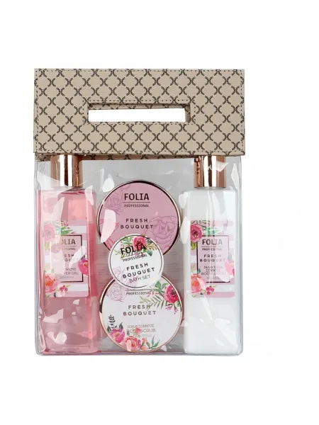 FOLIA Bath Bag Fresh Bouquet – Γυναικείο Σετ Δώρου σε Τσάντα με Shower Gel, Body Lotion, Κρέμα Σώματος & Body Scrub