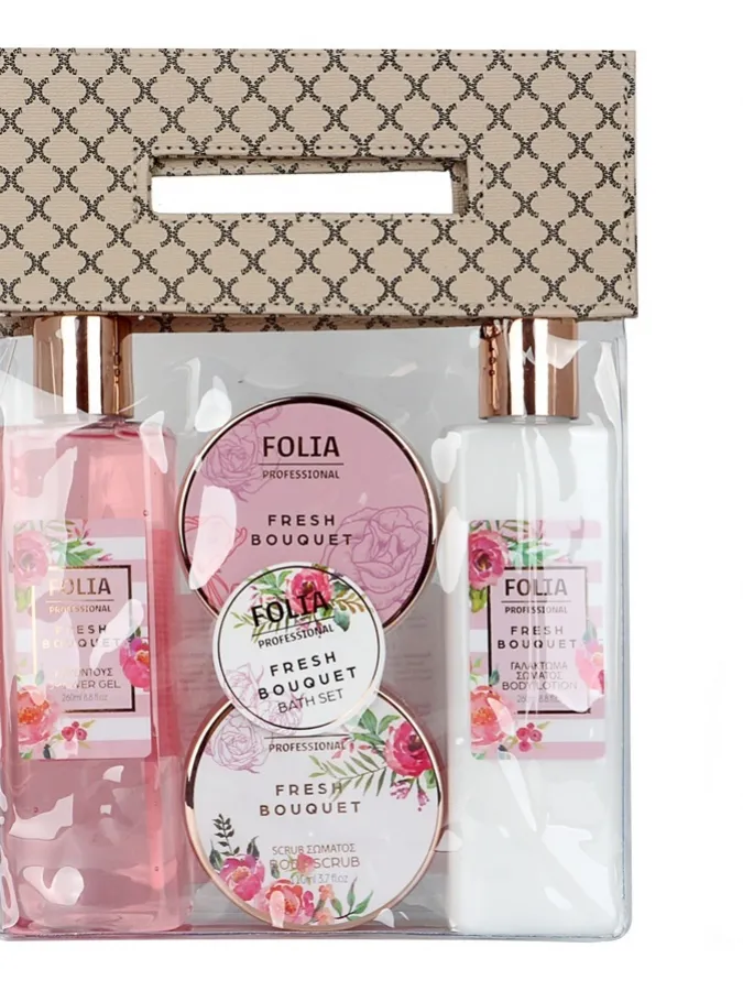FOLIA Bath Bag Fresh Bouquet – Γυναικείο Σετ Δώρου σε Τσάντα με Shower Gel, Body Lotion, Κρέμα Σώματος & Body Scrub