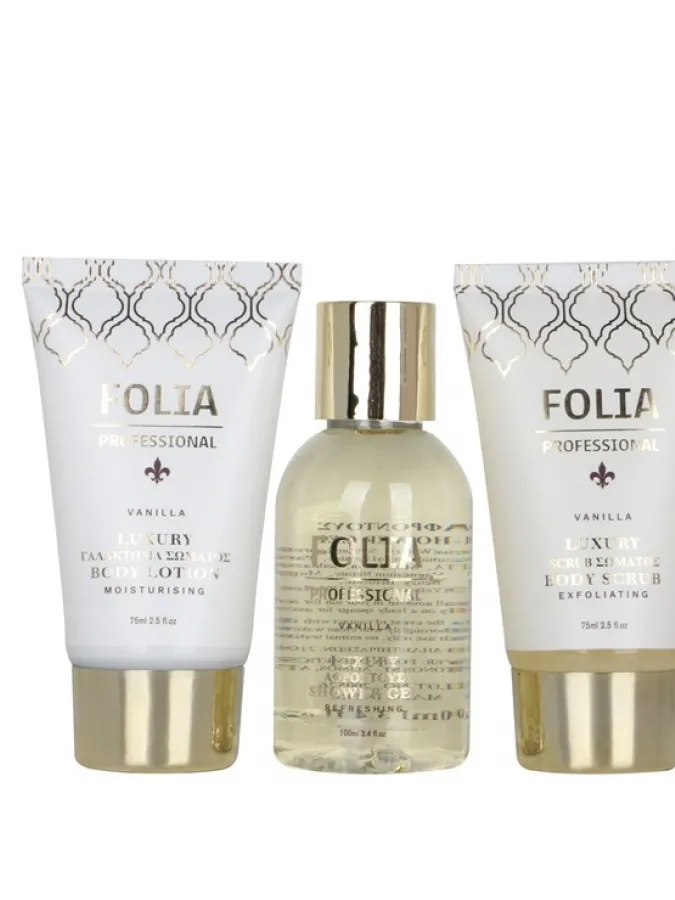 FOLIA Gold Nesseser Vanilla – Γυναικείο Σετ Δώρου σε Νεσεσέρ με Shower Gel, Body Lotion & Body Scrub