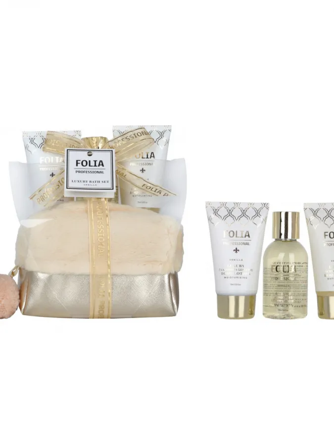 FOLIA Gold Nesseser Vanilla – Γυναικείο Σετ Δώρου σε Νεσεσέρ με Shower Gel, Body Lotion & Body Scrub