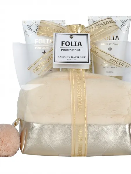 FOLIA Gold Nesseser Vanilla – Γυναικείο Σετ Δώρου σε Νεσεσέρ με Shower Gel, Body Lotion & Body Scrub