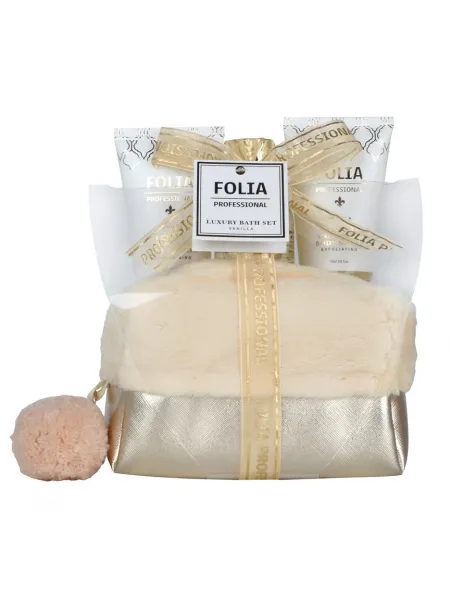 FOLIA Gold Nesseser Vanilla – Γυναικείο Σετ Δώρου σε Νεσεσέρ με Shower Gel, Body Lotion & Body Scrub