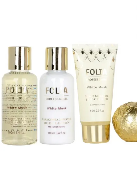 FOLIA Large Bath Tube White Musk – Γυναικείο Σετ Δώρου σε Μπανιέρα με Shower Gel, Body Lotion, Body Scrub & Bath Fizzer