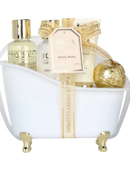 FOLIA Large Bath Tube White Musk – Γυναικείο Σετ Δώρου σε Μπανιέρα με Shower Gel, Body Lotion, Body Scrub & Bath Fizzer