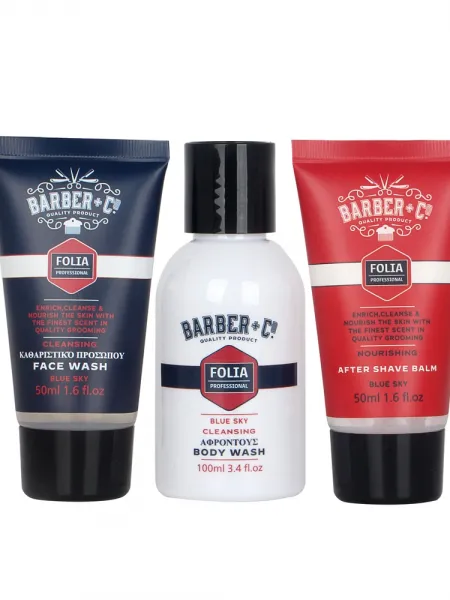 FOLIA Men's Gift Set Blue Sky Barber + Co – Ανδρικό Σετ Δώρου σε Νεσεσέρ με Body Wash, Face Wash & After Shave Balm