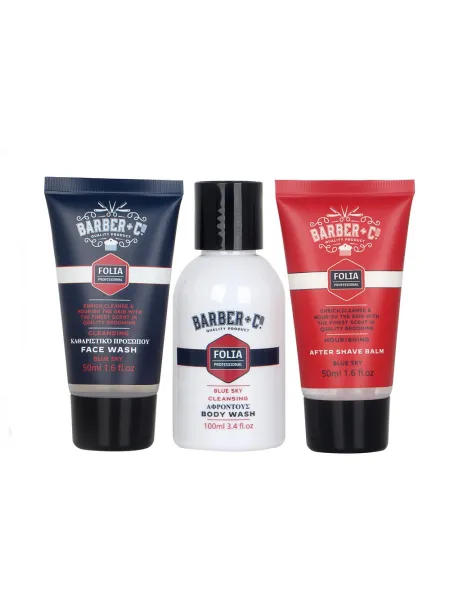 FOLIA Men's Gift Set Blue Sky Barber + Co – Ανδρικό Σετ Δώρου σε Νεσεσέρ με Body Wash, Face Wash & After Shave Balm