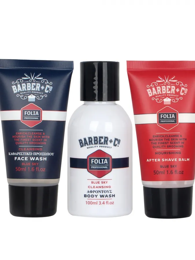 FOLIA Men's Gift Set Blue Sky Barber + Co – Ανδρικό Σετ Δώρου σε Νεσεσέρ με Body Wash, Face Wash & After Shave Balm