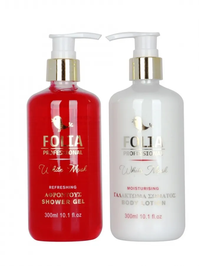 FOLIA Metal Base White Musk – Γυναικείο Σετ Δώρου σε Μεταλλική Βάση με Shower Gel 300ml & Body Lotion 300ml