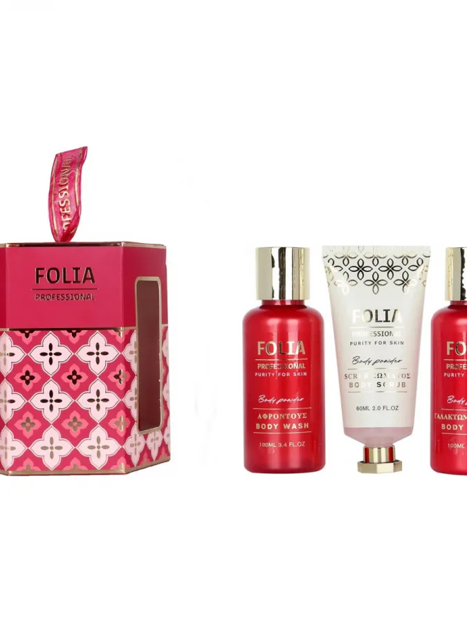 FOLIA Paper Gift Box Body Powder – Γυναικείο Σετ Δώρου με Body Wash, Body Lotion & Body Scrub