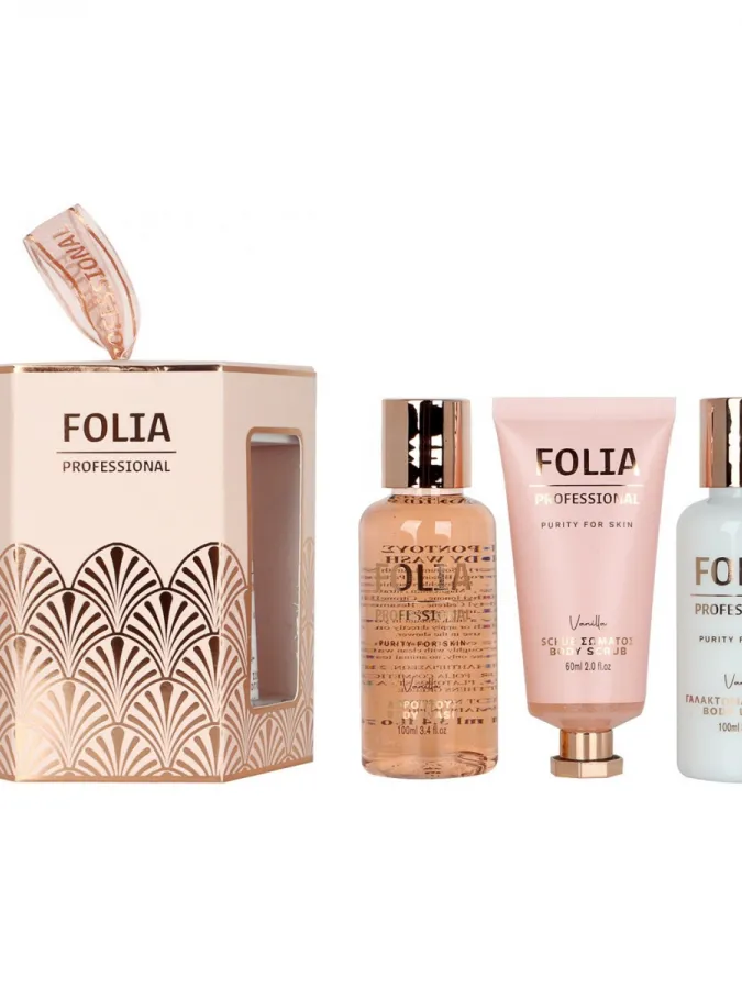 FOLIA Paper Gift Box Vanilla – Γυναικείο Σετ Δώρου με Body Wash, Body Lotion & Body Scrub