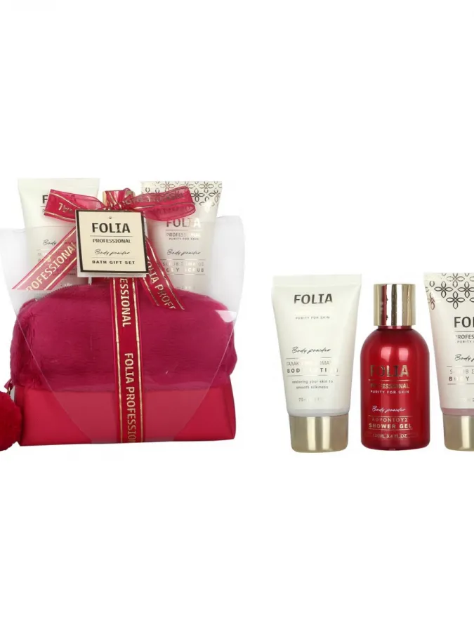 FOLIA Red Nesseser Body Powder – Γυναικείο Σετ Δώρου σε Νεσεσέρ με Shower Gel, Body Lotion & Body Scrub
