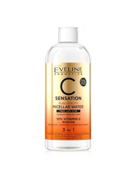 Eveline Cosmetics C Sensation Pure Vitality Micellar Water 3in1 400ml – Νερό Micellar με Βιταμίνη C για Καθαρισμό, Ενυδάτωση & Λάμψη