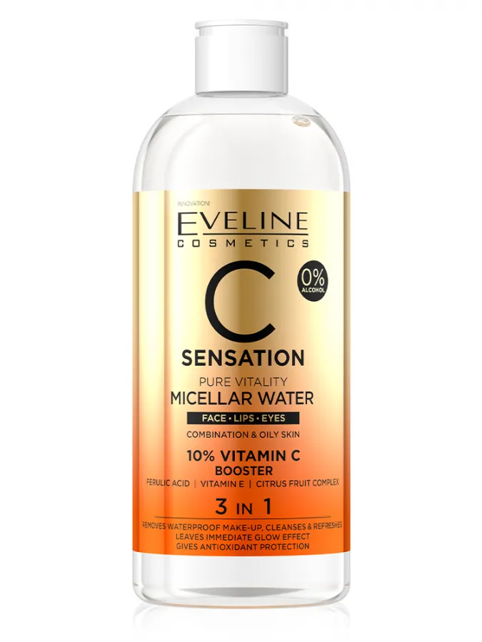 Eveline Cosmetics C Sensation Pure Vitality Micellar Water 3in1 400ml – Νερό Micellar με Βιταμίνη C για Καθαρισμό, Ενυδάτωση & Λάμψη