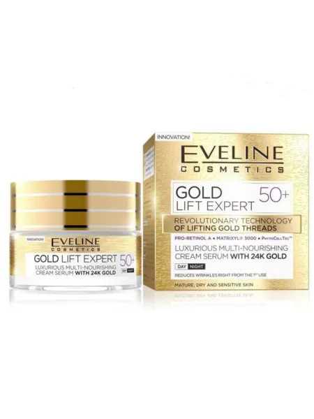 Eveline Cosmetics Gold Lift Expert Luxurious Multi-Nourishing Cream-Serum Day & Night 50+ 50ml – Κρέμα Προσώπου με 24Κ Χρυσό για Θρέψη, Σύσφιξη, Ρυτίδες