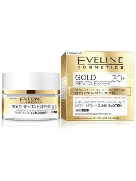 Eveline Cosmetics Gold Revita Expert Luxurious Smoothing Cream-Serum Day & Night 30+ 50ml – Κρέμα Προσώπου με 24Κ Χρυσό για Ενυδάτωση, Λείανση & Λάμψη