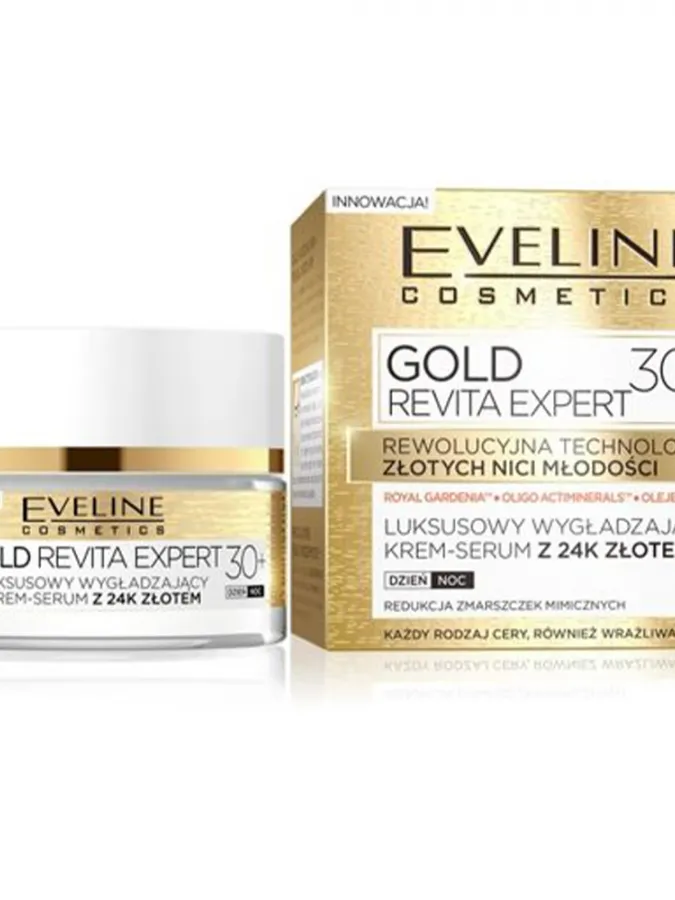 Eveline Cosmetics Gold Revita Expert Luxurious Smoothing Cream-Serum Day & Night 30+ 50ml – Κρέμα Προσώπου με 24Κ Χρυσό για Ενυδάτωση, Λείανση & Λάμψη