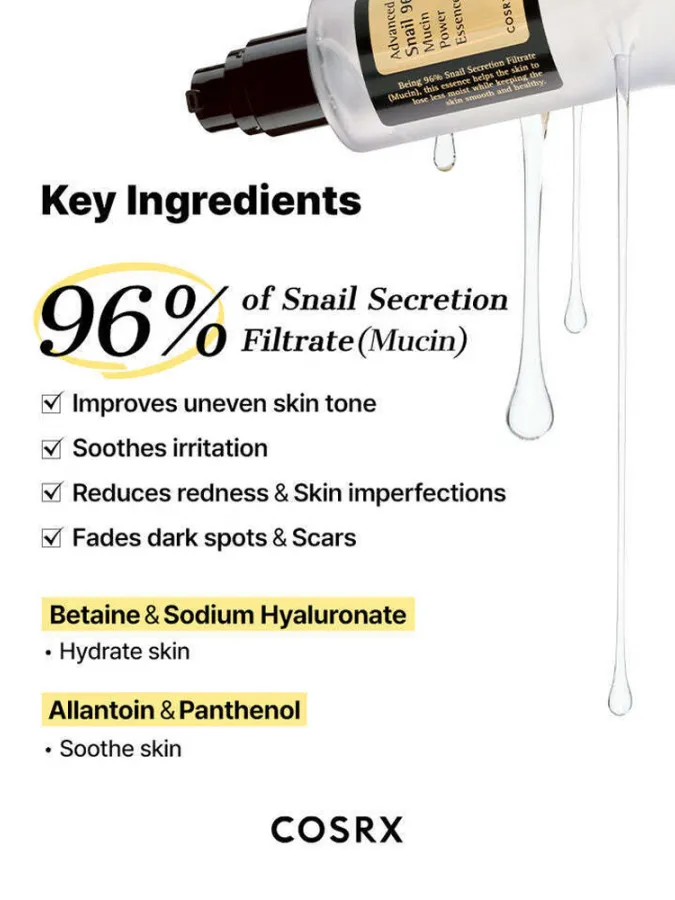 COSRX Advanced Snail 96 Mucin Power Essence 100ml – Essence Προσώπου με 96,3% Έκκριμα Σαλιγκαριού για Ενυδάτωση, Λάμψη & Ενίσχυση Φραγμού