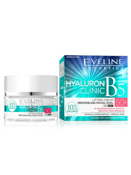 Eveline Cosmetics Hyaluron Clinic B5 Lifting Cream Remodeling Facial Oval 50+ 50ml – Κρέμα Προσώπου για Σύσφιξη, Ρυτίδες & Ενυδάτωση