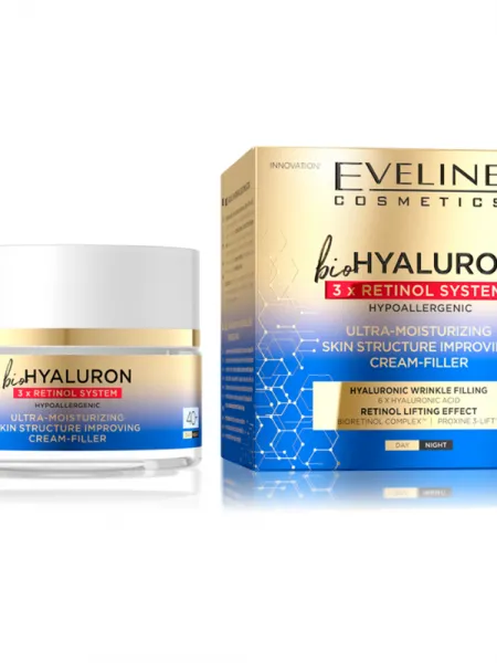 Eveline Cosmetics Bio Hyaluron 3X Retinol System Ultra-Moisturising Skin Structure-Improving Day & Night Face Cream 40+ 50ml – Κρέμα Προσώπου με Υαλουρονικό Οξύ & Ρετινόλη για Ενυδάτωση, Ρυτίδες & Σύσφιξη