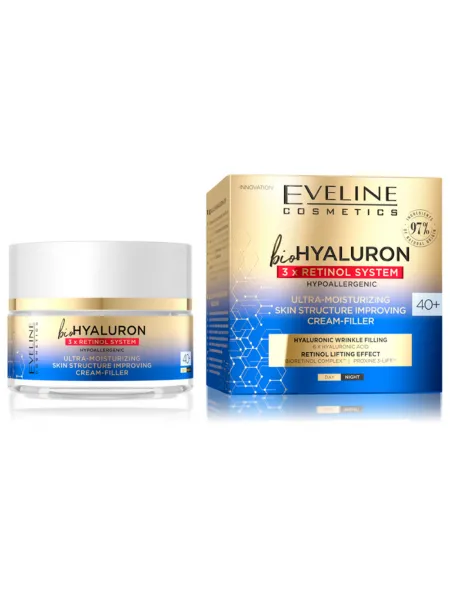 Eveline Cosmetics Bio Hyaluron 3X Retinol System Ultra-Moisturising Skin Structure-Improving Day & Night Face Cream 40+ 50ml – Κρέμα Προσώπου με Υαλουρονικό Οξύ & Ρετινόλη για Ενυδάτωση, Ρυτίδες & Σύσφιξη