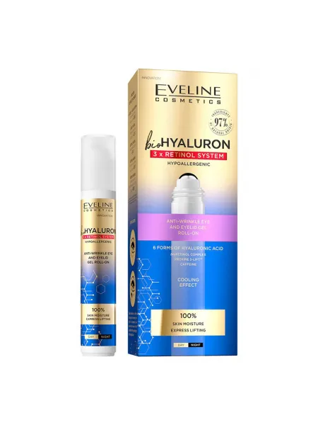 Eveline Cosmetics Bio Hyaluron 3X Retinol System Roll-on 15ml – Roll-on Gel Ματιών με Υαλουρονικό Οξύ & Ρετινόλη για Ρυτίδες, Μαύρους Κύκλους & Πρήξιμο