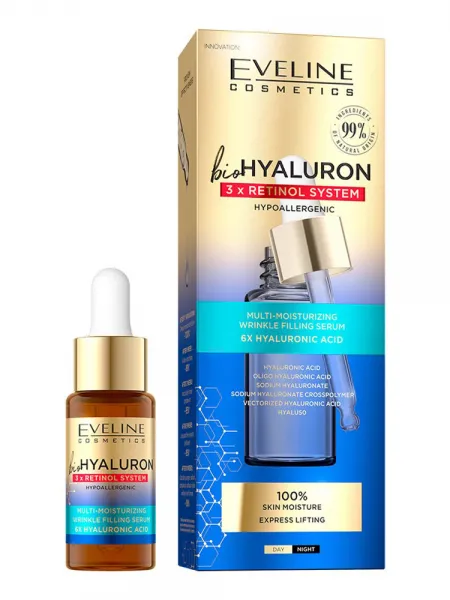 Eveline Cosmetics Bio Hyaluron 3X Retinol System Multi-Moisturizing Wrinkle Filling Serum 18ml – Ενυδατικός Ορός Προσώπου με Υαλουρονικό Οξύ για Ρυτίδες, Σύσφιξη & Λάμψη