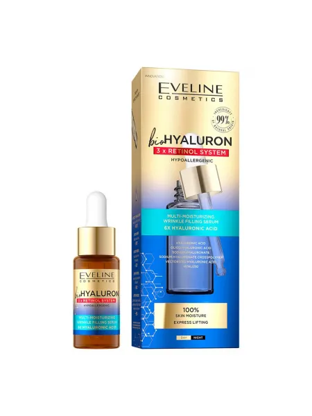 Eveline Cosmetics Bio Hyaluron 3X Retinol System Multi-Moisturizing Wrinkle Filling Serum 18ml – Ενυδατικός Ορός Προσώπου με Υαλουρονικό Οξύ για Ρυτίδες, Σύσφιξη & Λάμψη
