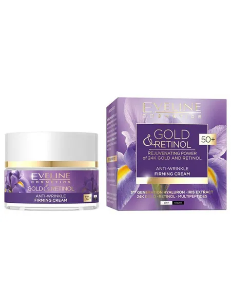 Eveline Cosmetics Gold & Retinol Anti-Wrinkle Firming Day & Night Face Cream 50+ 50ml – Κρέμα Προσώπου με Ρετινόλη και 24Κ Χρυσό για Σύσφιξη, Ρυτίδες, Ενυδάτωση